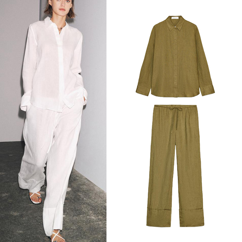 Linen Pant Wide - Casual Long Sve Collared irt And