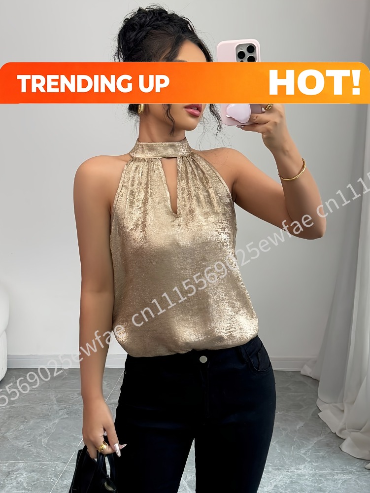 Blouse Off Shoulder - Champagne Golden Shiny Glossy Halter Neck